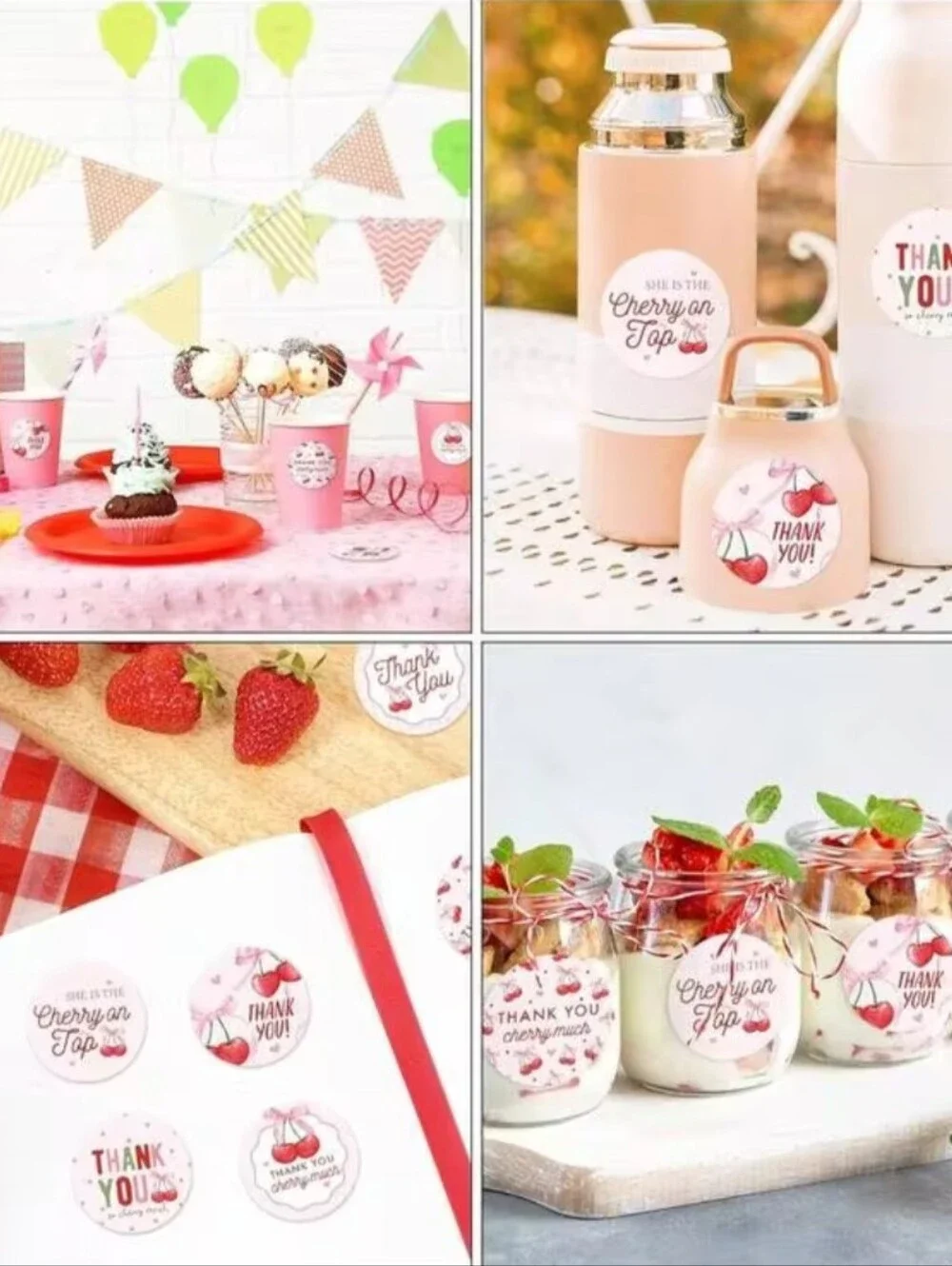 500pcs/Roll Cute Pink Cherry Thank You Self-Adhesive Stickers